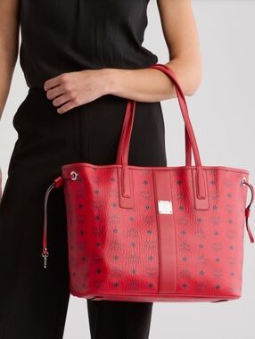 MCM Italy Purse Candy Red Medium  Reversible Shopper Tote Bag